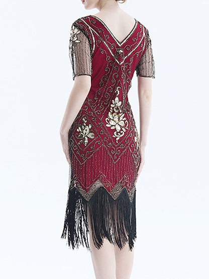 Women's Halloween Dress Retro 1920s Fringe Dress Midi Dress Party Outdoor Sequins Tassel Fringe Floral V Neck Short Sleeve Regular Fit Summer Spring 2023 Black Golden S M L XL