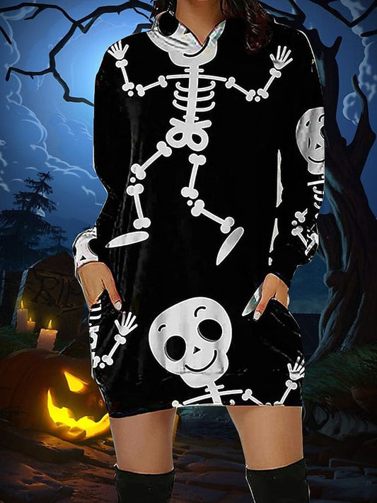 Women's Halloween Dress Casual Dress Hoodie Dress Mini Dress Fashion Daily Outdoor Vacation V Neck Pocket Print Skull Pumpkin Spider Loose Fit Black White Red S M L XL XXL
