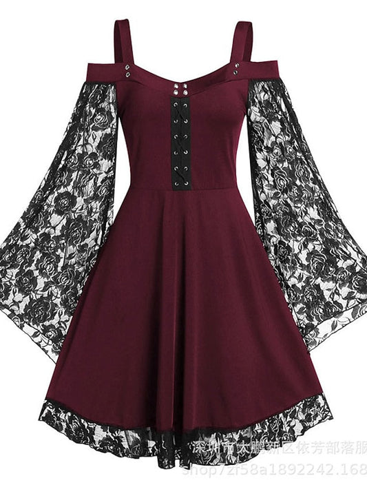 Women's Halloween Dress Plus Size Party Dress Solid Color Crew Neck Lace Long Sleeve Fall Winter Elegant Knee Length Dress Party Dress / Skull