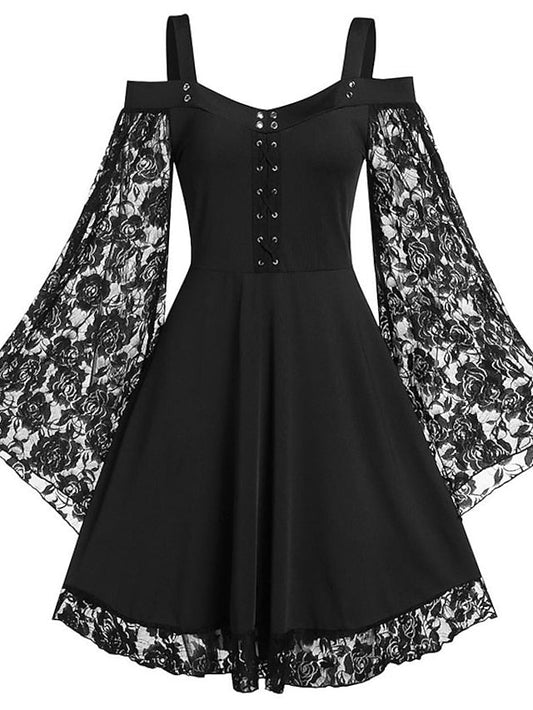 Women's Halloween Dress Plus Size Party Dress Solid Color Crew Neck Lace Long Sleeve Fall Winter Elegant Knee Length Dress Party Dress / Skull