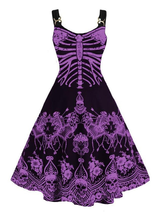 Women's Halloween Dress A Line Dress Short Mini Dress Green White Purple Yellow Sleeveless Print Skull Skeleton Print Fall Winter Crew Neck Party Party 2023 XL 2XL 3XL 4XL / Summer
