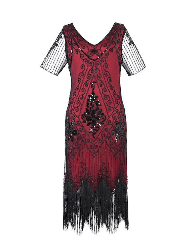 Women's Halloween Dress Retro 1920s Fringe Dress Midi Dress Party Outdoor Sequins Tassel Fringe Floral V Neck Short Sleeve Regular Fit Summer Spring 2023 Black Golden S M L XL