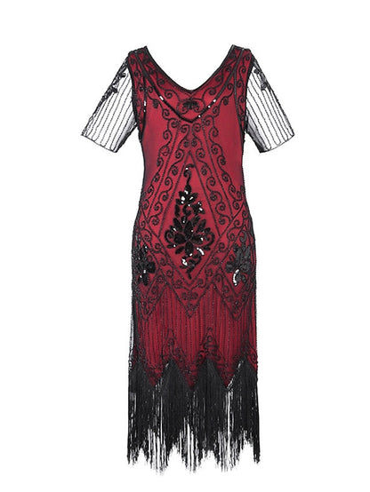 Women's Halloween Dress Retro 1920s Fringe Dress Midi Dress Party Outdoor Sequins Tassel Fringe Floral V Neck Short Sleeve Regular Fit Summer Spring 2023 Black Golden S M L XL