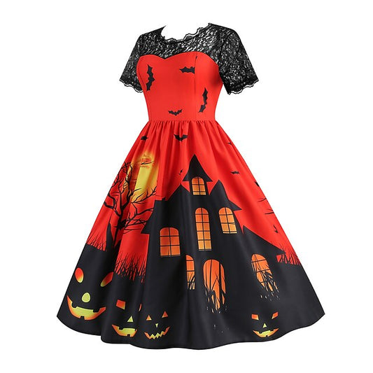 Women's Halloween Dress Retro 1950s Vintage Dress Midi Dress Holiday Lace Patchwork Graphic V Neck Short Sleeve Regular Fit Spring Fall 2023 Red Orange S M L XL